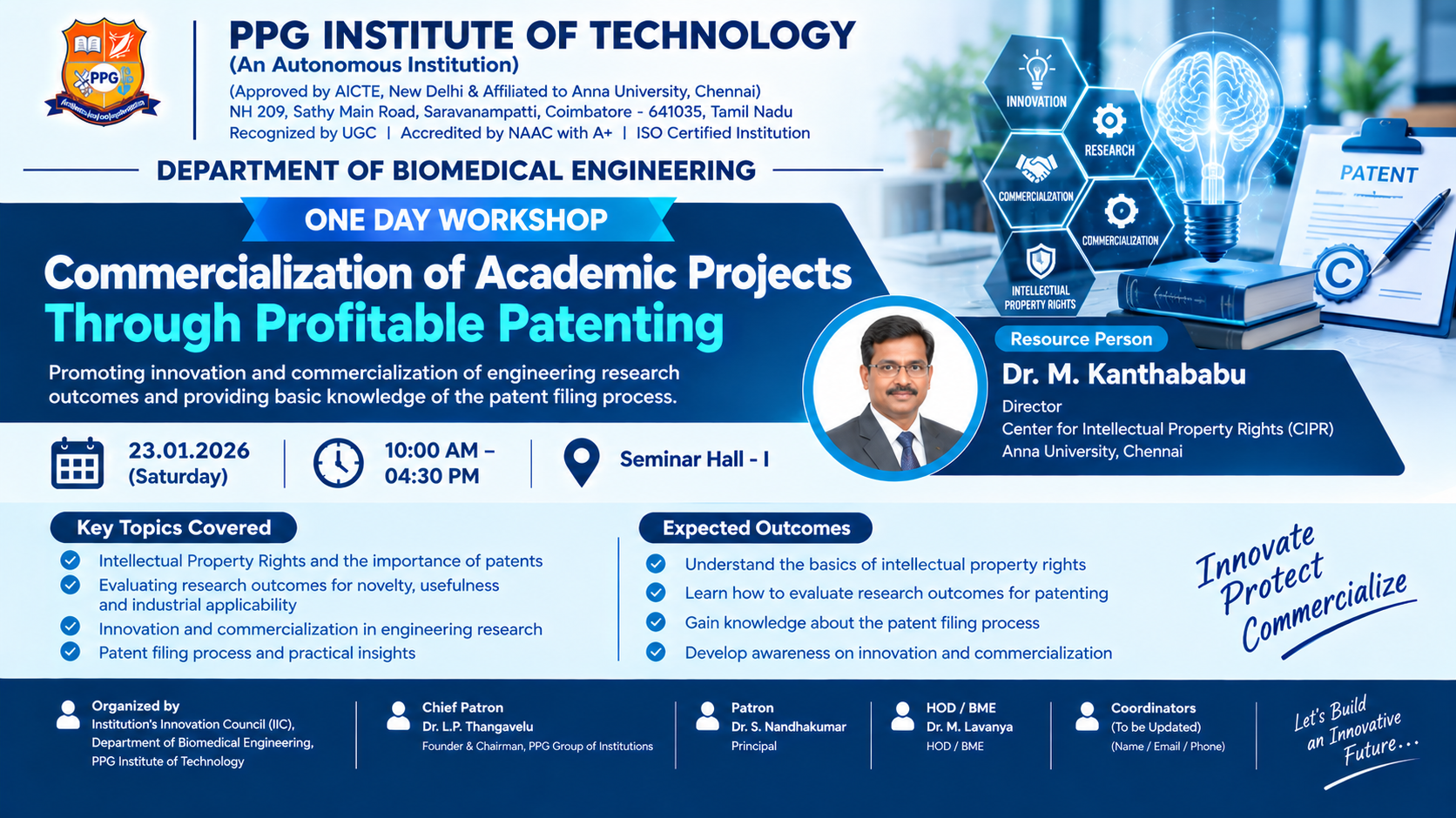 One Day Workshop on Commercialization of Academic Projects Through Profitable Patenting banner